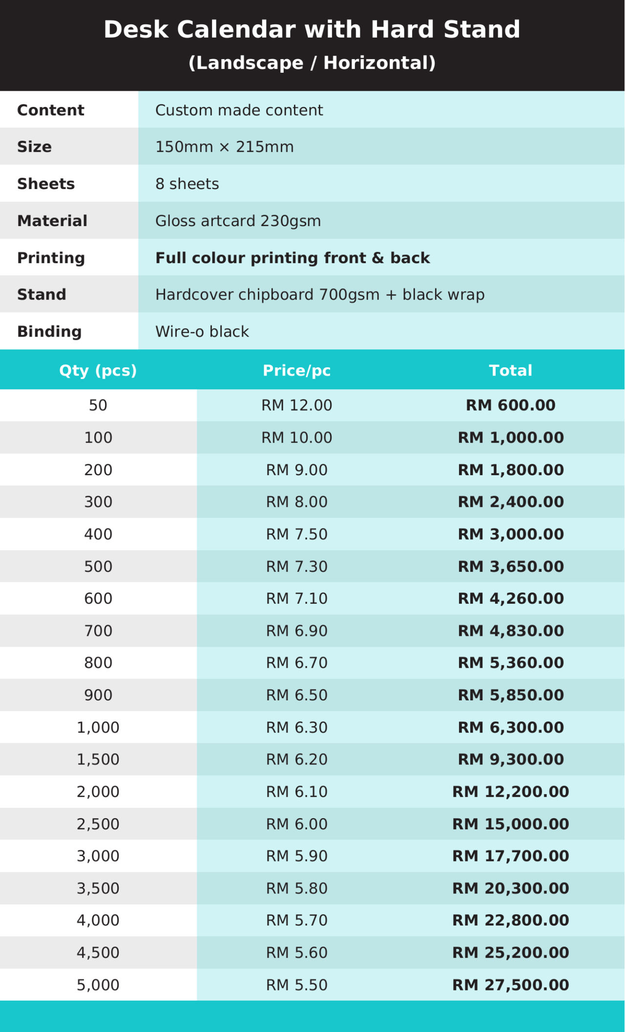 Desk Calendar Landscape - Price List - DesignPrint.my