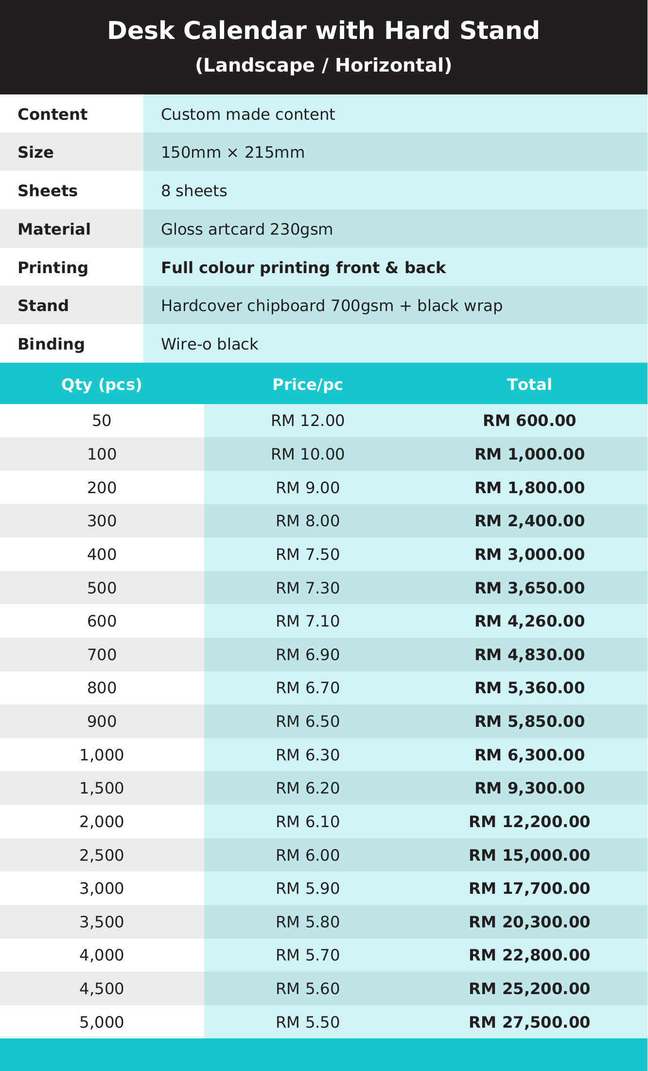 Desk Calendar Landscape - Price List - DesignPrint.my